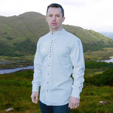 Grandfather Style Irish Blue Striped Shirt with Mandarin Collar