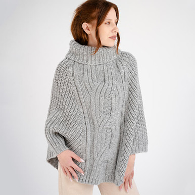 Irish Wool Cable Knit Cowl Neck Poncho for Women